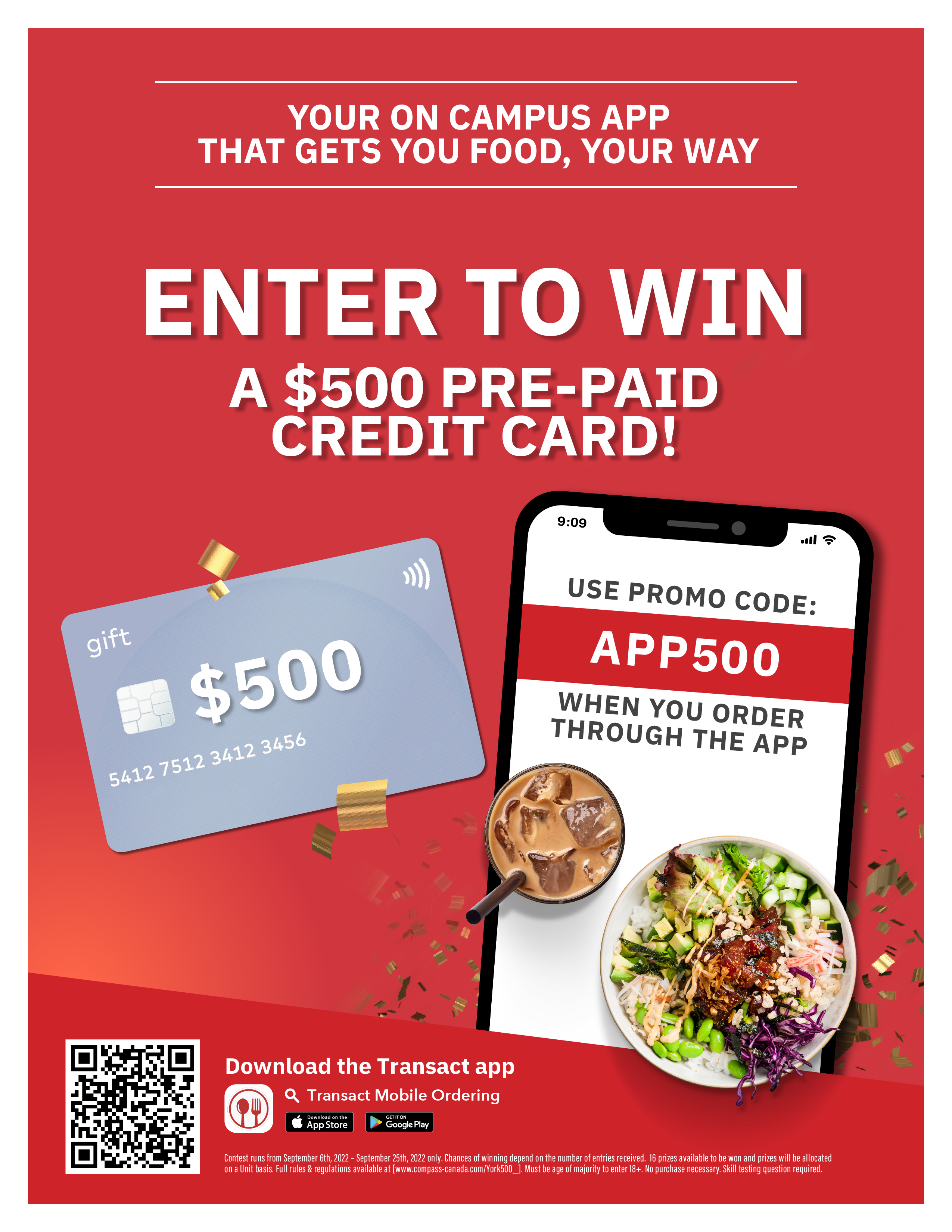 YU Eats promotional poster — enter to win campaign with app download CTA