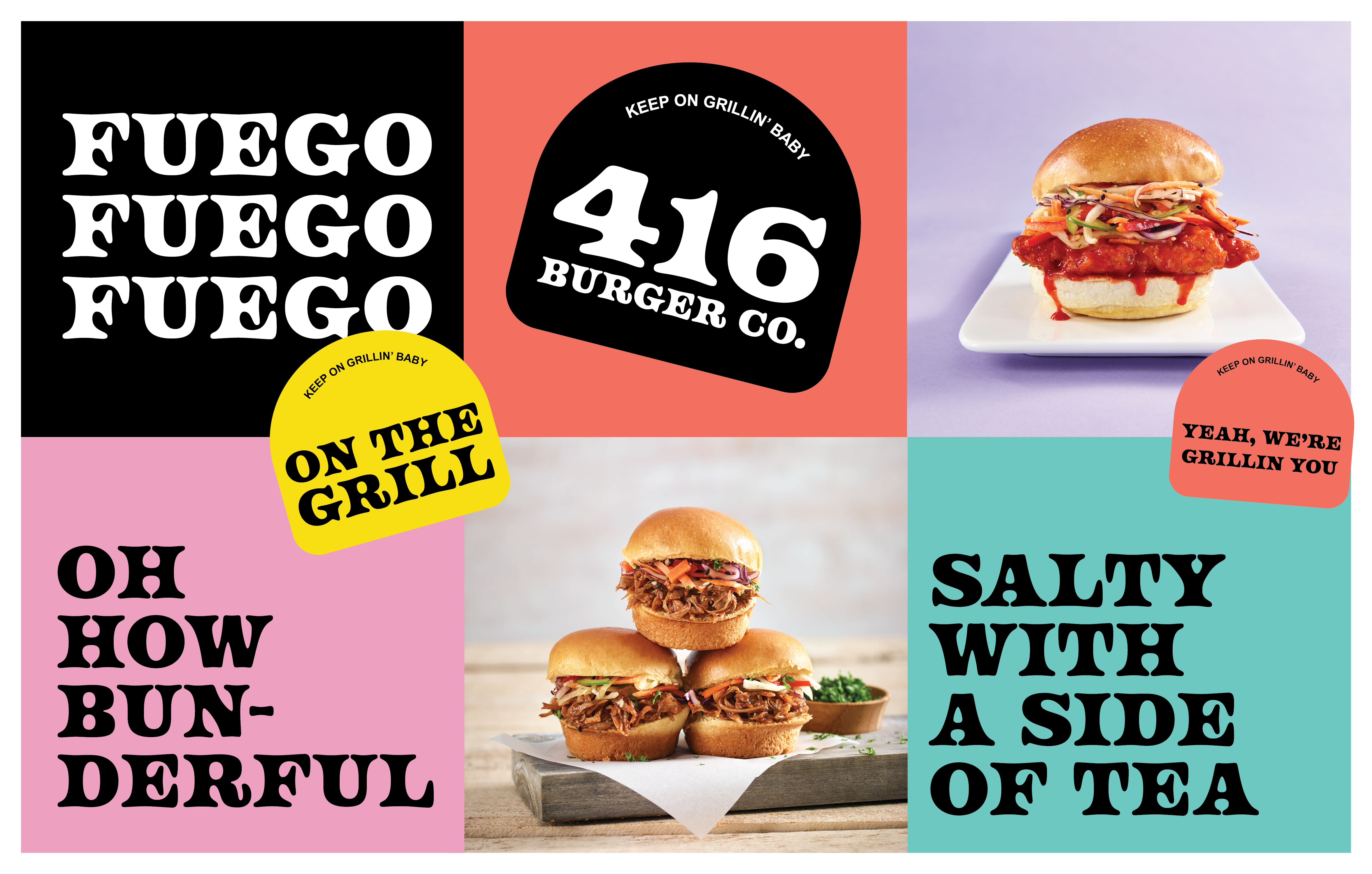 416 Burger Co. promotional materials with playful messaging