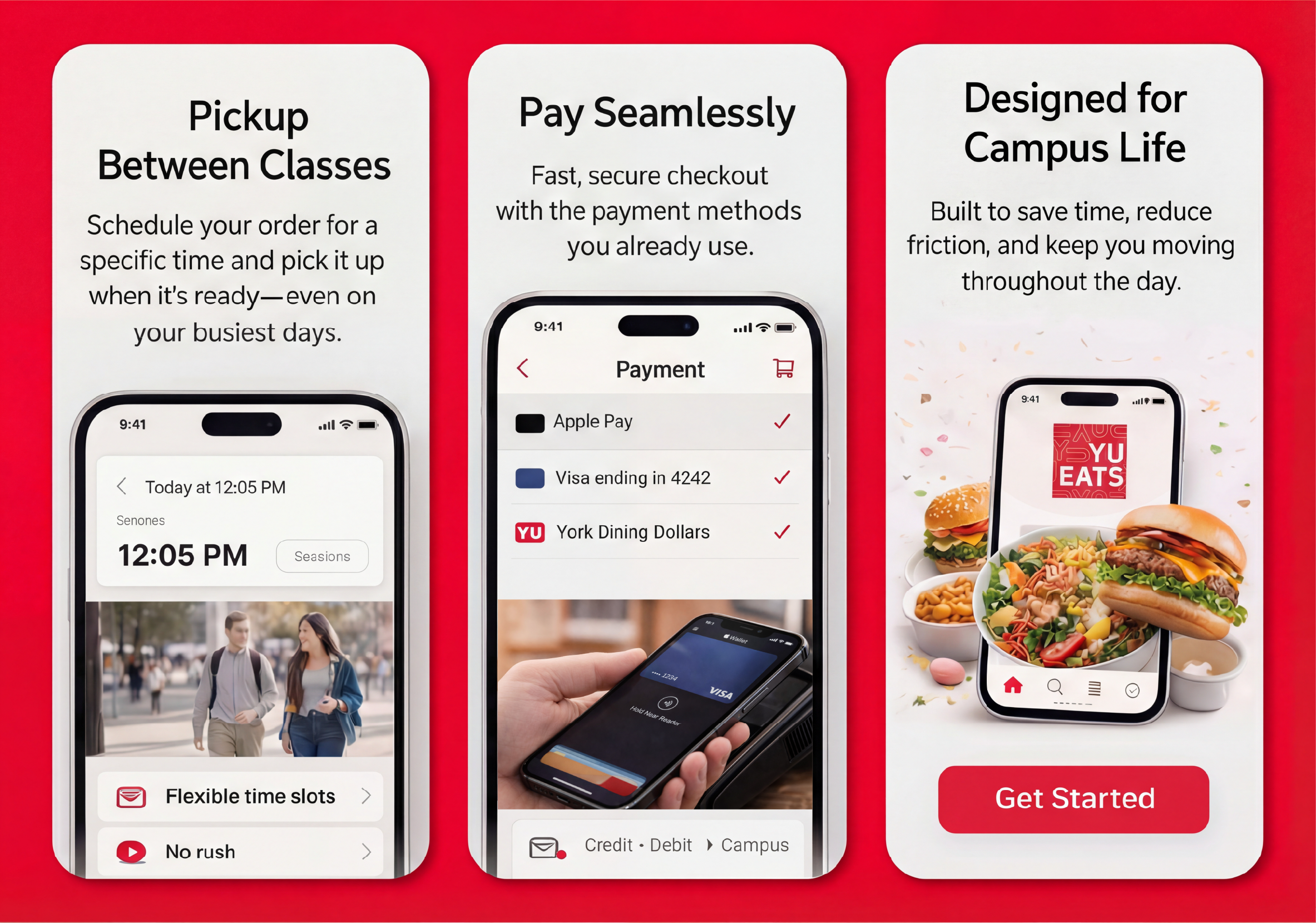 YU Eats mobile app detailed interface views