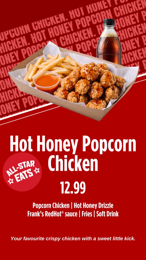 The same Hot Honey Popcorn Chicken offer as a vertical 1080 by 1920 panel
