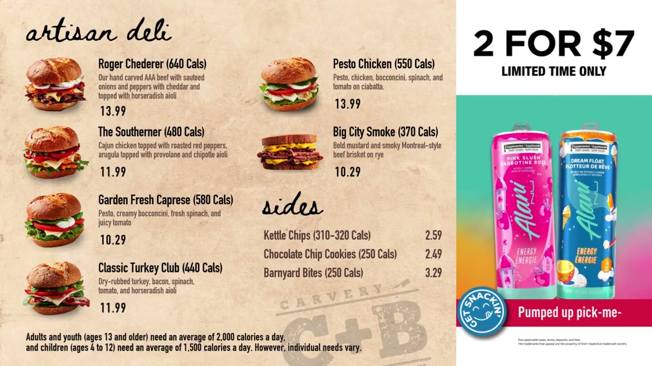 Carvery and Bakery artisan deli board with a 2 for $7 drink offer in the right third