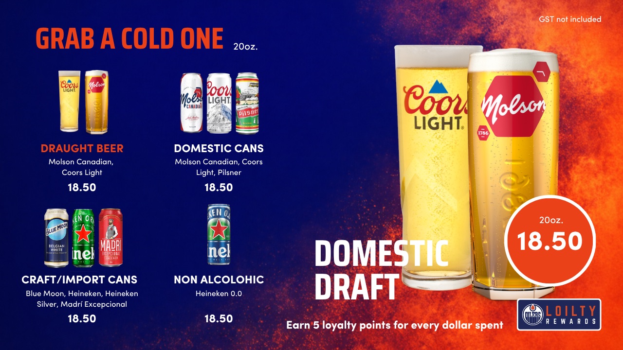 Rogers Place Grab a Cold One board with four drinks at 18.50 and a Domestic Draft feature in the right third