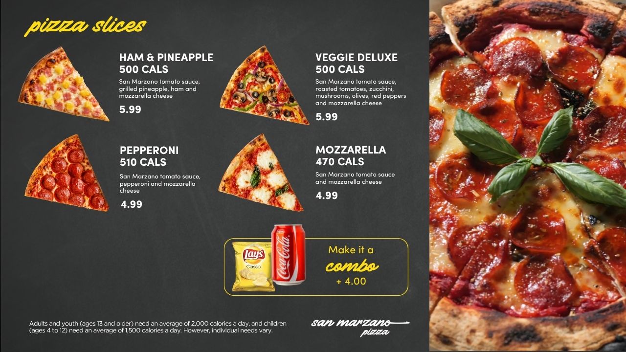 San Marzano pizza slices board with a hero pizza photo in the right third and a combo widget in the grid