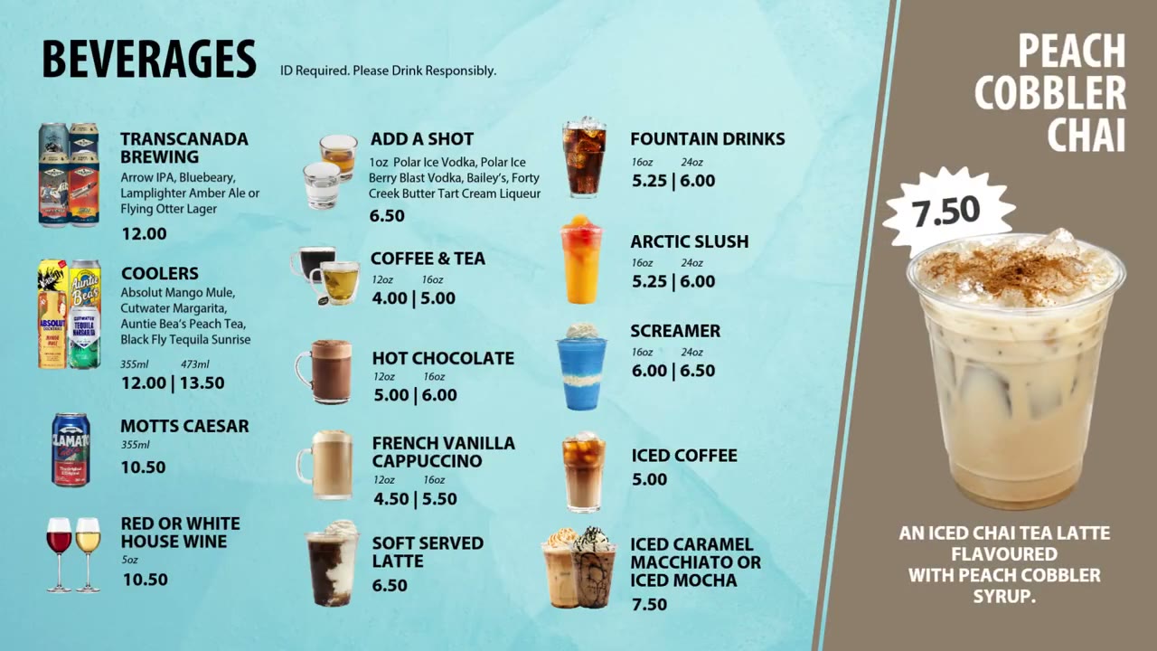 Tundra Grill beverage board with a Peach Cobbler Chai feature in the right third