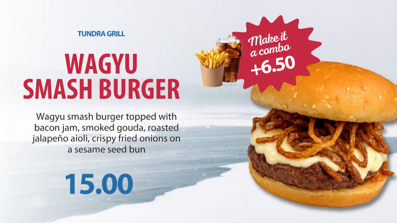 Tundra Grill screen for the Wagyu Smash Burger at 15.00 with a Make it a combo +6.50 badge