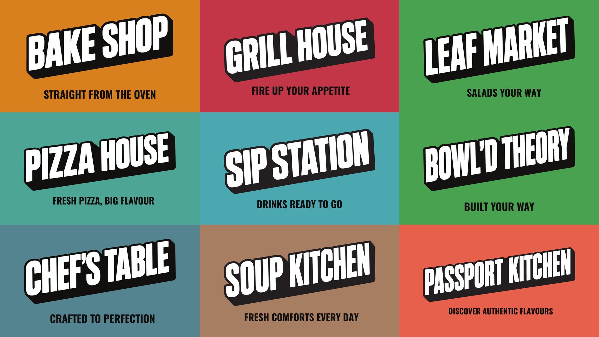 Nine food hall station signs, each in its own colour