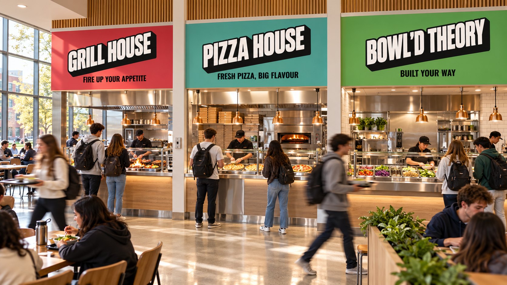 Concept render: Grill House, Pizza House and Bowl'd Theory in a campus food hall