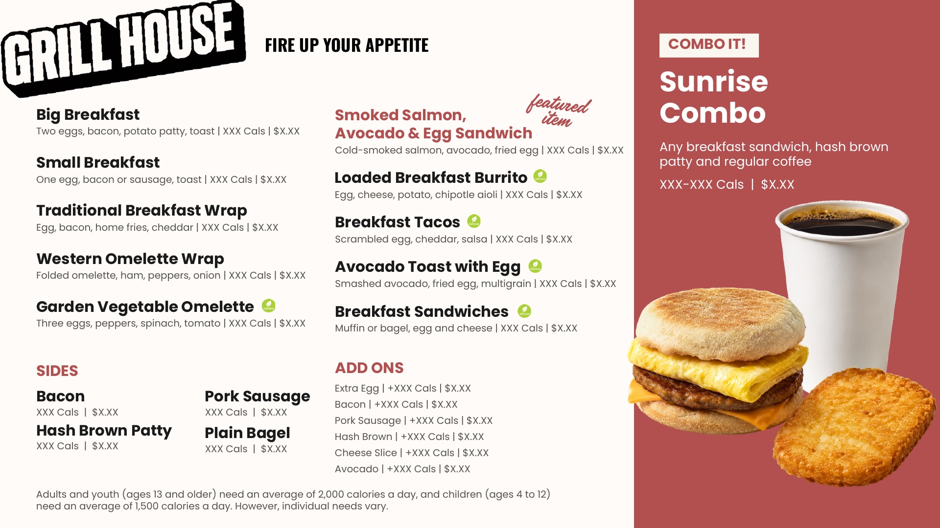Foundations Grill House breakfast board template with the featured item first in the right column, in red with a handwritten featured item callout, and a Sunrise Combo upsell in the right third