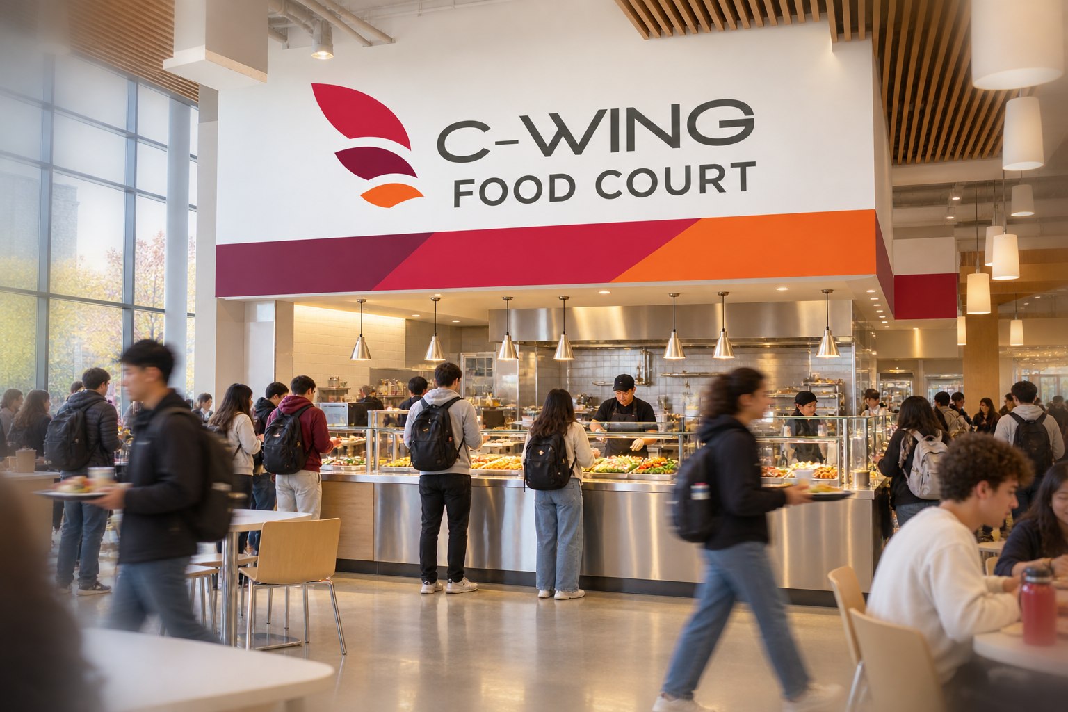 Concept render of the C-Wing Food Court sign above a busy servery