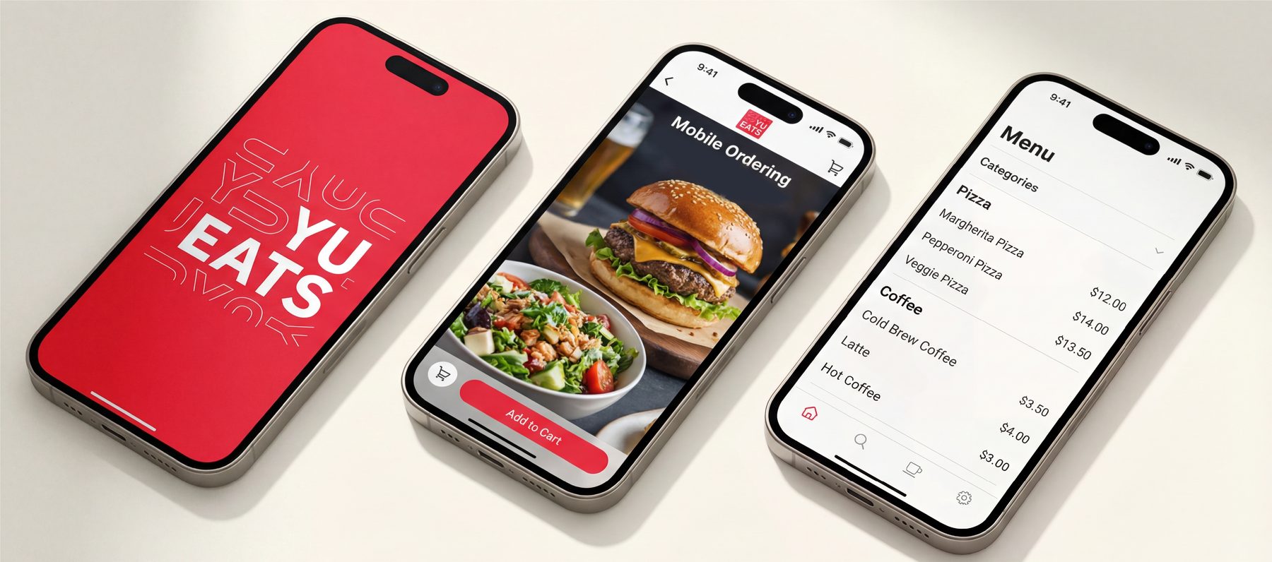 YU Eats mobile ordering app on three phones