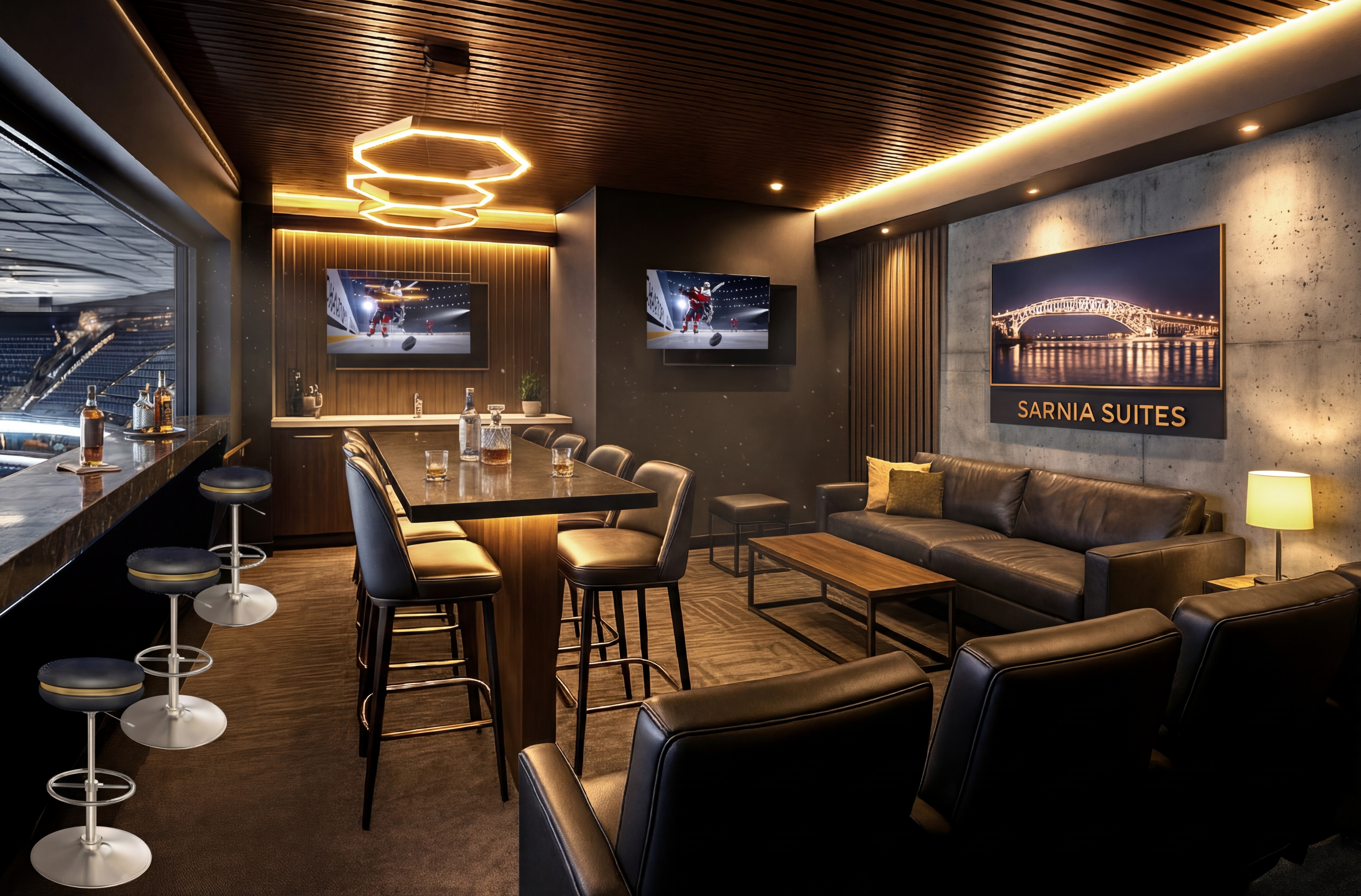 After: Transformed Sarnia Suite with premium finishes and hexagonal lighting