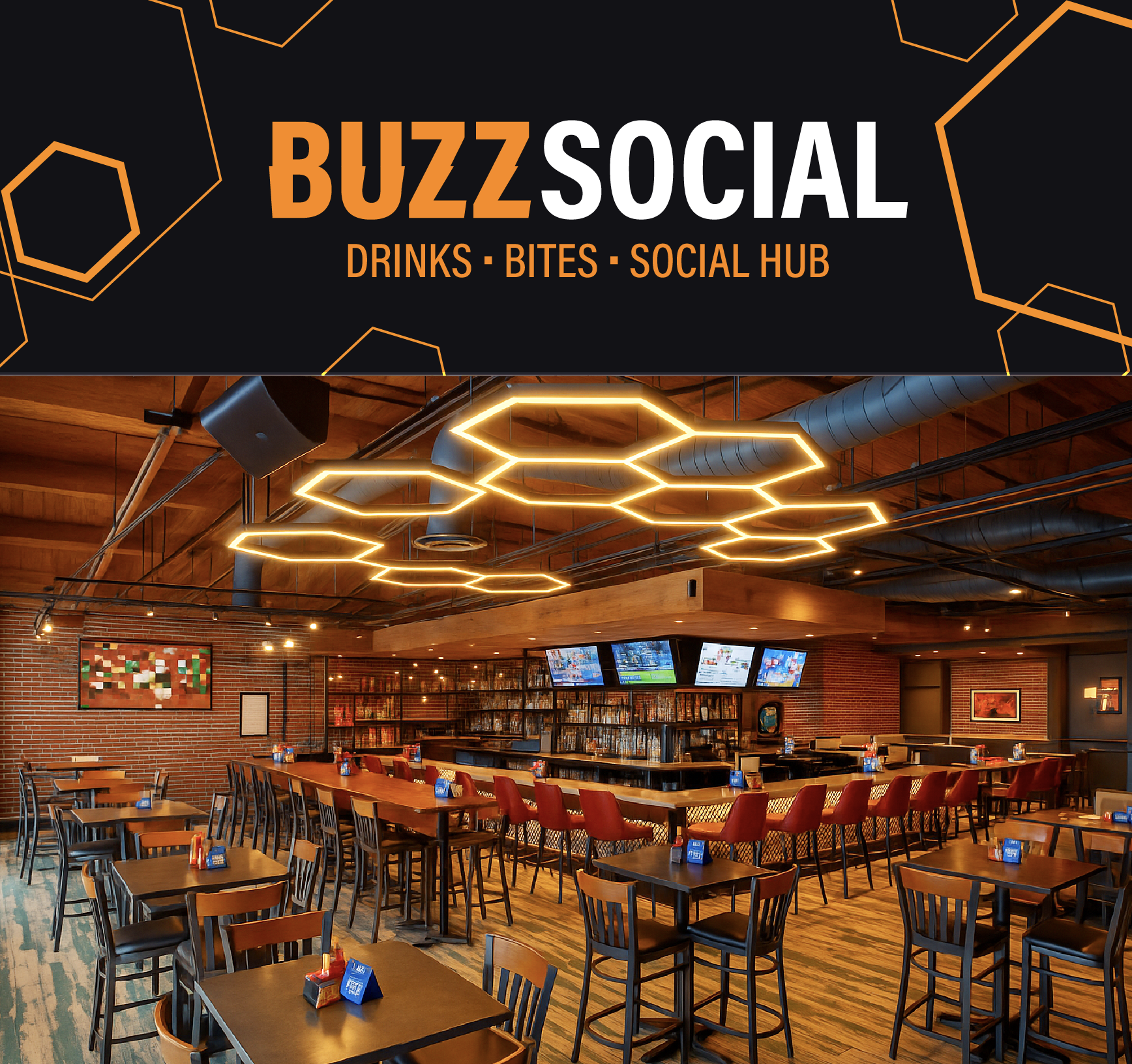 BuzzSocial restaurant interior with dramatic hexagonal LED ceiling