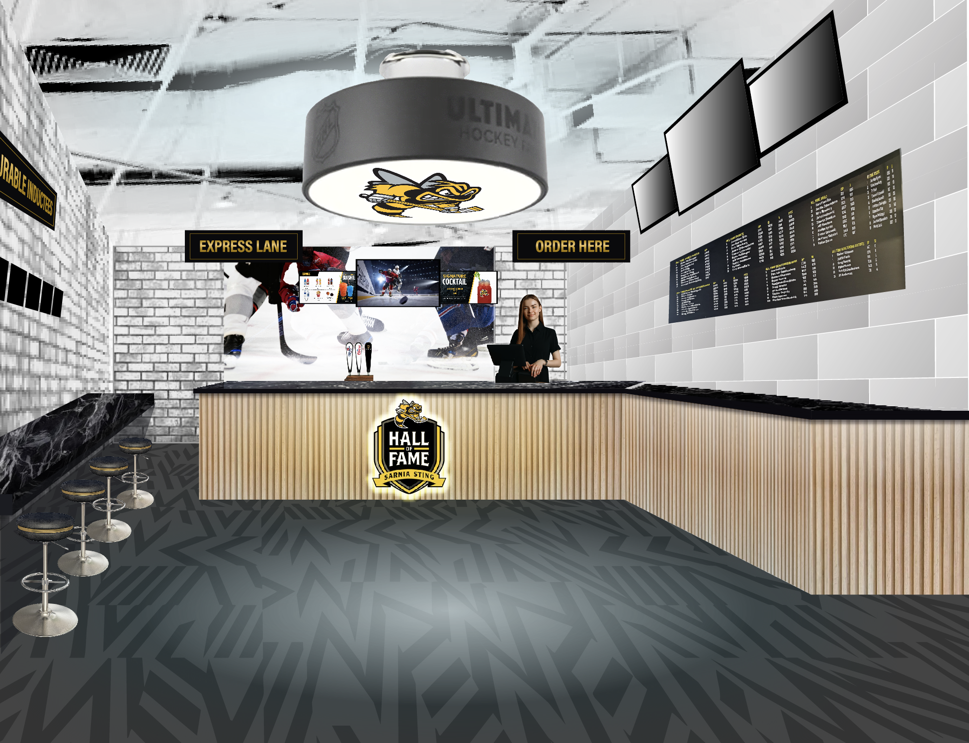 Hall of Fame bar with limewashed brick and custom pendant lighting